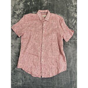 Bugatchi Mens Red & White Houndstooth Short Sleeve Shirt 100% Linen Shaped Fit L